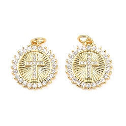 Настоящее золото 18K Латунные микро проложить кубического циркония подвески, плоские круглые с поперечными прелести, долговечный, стойки покрытие, без свинца и без кадмия, реальный 18 k позолоченный, 17.5x15.5x2 мм, Перейти кольцо: 5x0.8 мм, внутренний диаметр: 3 мм