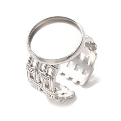 Stainless Steel Color Woven Bezel 304 Stainless Steel Cuff Ring Components, Round Pad Ring Setting, Stainless Steel Color, 14mm,17mm, Tray Size: 14mm