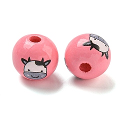 Pink Европейский бисер из натурального дерева, бусины с большим отверстием, круглый с изображением коровы, розовые, 16 мм, отверстие : 4 мм