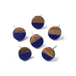 Темно-Синий Серьги-гвоздики из непрозрачной смолы и орехового дерева, с 316 штифтов из нержавеющей стали, плоско-круглые, темно-синий, 10 мм, штифты : 0.7 мм