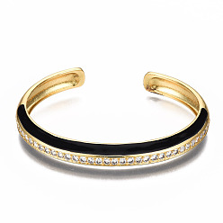 Black Brass Micro Pave Clear Cubic Zirconia Cuff Bangles, with Enamel, Nickel Free, Real 16K Gold Plated, Black, Inner Diameter: 2-3/8 x1-7/8 inch(5.9x4.7cm)
