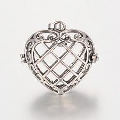 Antique Silver Eco-Friendly Rack Plating Brass Hollow Heart Cage Pendants, Cadmium Free & Lead Free, Antique Silver, 31x32x16mm, Hole: 9x4mm, inner: 26x23mm
