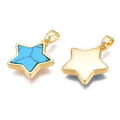 Türkis Echte 18 k vergoldete Messinganhänger, mit Kunst Türkiscabochons, Cadmiumfrei und Nickel frei und Bleifrei, Stern, Türkis, 17x15x3 mm, Bohrung: 2.5x5 mm