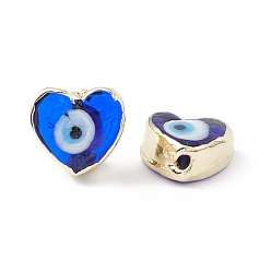 Blue Handmade Evil Eye Lampwork Beads, with Brass Findings, Lead Free & Cadmium Free, Long-Lasting Plated, Heart, Blue, 11~11.5x12~12.5x5.5~6mm, Hole: 1.5mm