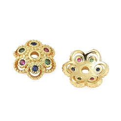 Настоящее золото 18K Латунные колпачки для бусин с микропаве и разноцветными фианитами, цветок, реальный 18 k позолоченный, 8.5x8x2.5 мм, отверстие : 1.4 мм