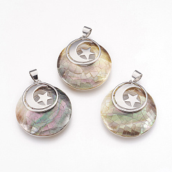 Black Lip Shell Natural Black Lip Shell Pendants, with Platinum Tone Brass Findings, Flat Round with Moon and Star, 32x28x7mm, Hole: 4x5mm