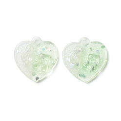 Pale Green Two Tone Transparent Resin Pendants, with Glitter Powder, Heart Charm with Music Note Pattern, Honeydew, Pale Green, 20x20x5mm, Hole: 2mm