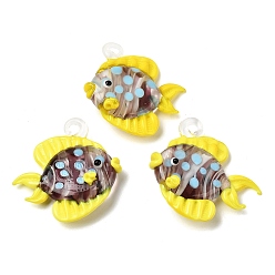 Желтый Подвески лэмпворк ручной работы, тропические рыбки-талисманы, желтые, 33~38x32~38x10~12 мм, отверстие : 2~4 мм