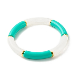 Turquoise Acrylic Tube Beaded Stretch Bracelets, with Brass Beads, Turquoise, Inner Diameter: 2-1/8 inch(5.5cm)
