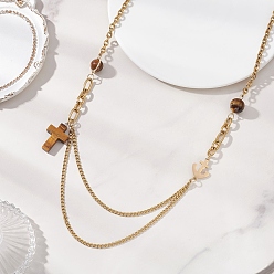 Золотой Подвеска с натуральным тигровым глазом, круглая и крестообразная 304 цепочка из нержавеющей стали для женщин, золотые, 27.99 дюйм (71.1 см)