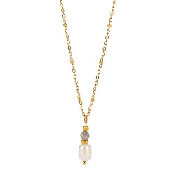 Grey Moonstone Женские кулоны в виде рисовых зерен из ограненного круглого натурального серого лунного камня и пресноводного жемчуга., с 304 сателлитными цепями из нержавеющей стали, золотые, 15.75 дюйм (40 см)