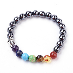 Gemstone Edelstein-Stretch-Armbänder, Runde, Chakra Perlen Armbänder, mit Legierung-Zubehör, Buddha-Kopf, 2-1/8 Zoll (54 mm)