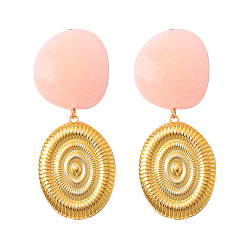 Pink Alloy Resin Stud Dangle Earrings, Oval, Golden, Pink, 77x30mm