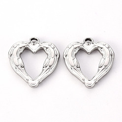 Нержавеющая Сталь Цвет Не тускнеющие 304 подвески из нержавеющей стали, перо сердце, цвет нержавеющей стали, 22x21x3 мм, отверстие : 1.6 мм