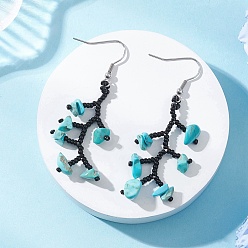 Синтетическая Бирюза 316 серьги-подвески из хирургического стекла с бусинами из нержавеющей стали, с синтетическими бирюзовый, цвет нержавеющей стали, 60~62 мм