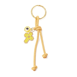 (932FM) Темно-синий аква-матовый с подкладкой Брелок из смолы, стеклянных семян и полиэфирного шнура, крест с сглаза, с железными кольцами, темно-золотистые, 115 мм