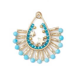 Настоящее золото 18K Подвески из витого стеклянного веера в стиле бохо с бусинами, с 201 соединительными кольцами из нержавеющей стали, латунными бусинами и бусинами из натурального магнезита, реальный 18 k позолоченный, 33x33x3 мм, отверстие : 3.5 мм