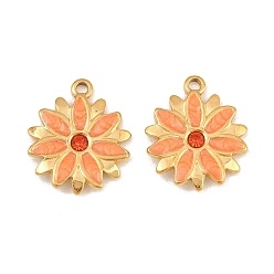 Orange 304 Stainless Steel Enamel Pendants, Flower Charms, with Rhinestone, Ion Plating(IP), Real 18K Gold Plated, Orange, 16.5x14x1.5mm, Hole: 1.5mm