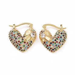 Разноцветный Серьги-кольца с кубическим цирконием в форме сердца, золотые латунные украшения для женщин, красочный, 22~23x20.5~21x7 мм, штифты : 0.8~1.2x0.7~0.8 мм
