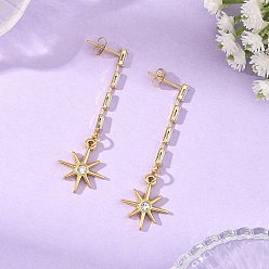 Real 18K Gold Plated 304 Stainless Steel Stud Earrings, Star, Brass Pave Clear Cubic Zirconia Dangle Earrings, Real 18K Gold Plated, 53x16mm