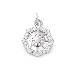 Платина 925 Прозрачное серебро с микропаве из прозрачного кубического циркония, подвески-паутинки с кольцами для прыжков, родий, платина, 13x11x3 мм, отверстие : 2.5 мм