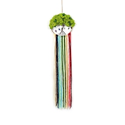 Yellow Green Flat Round with Tree of Life Gemstone Chips Pendant Decorations, with Iron Ring and Cotton Thread Tassel for Home, Car Interior Ornaments, Yellow Green, 880x200mm