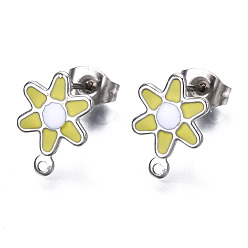 Yellow 304 Stainless Steel Enamel Stud Earring Findings, with Loop and Ear Nuts/Earring Backs, Flower, Yellow, 12.5x9mm, Hole: 1mm, Pin: 0.8mm