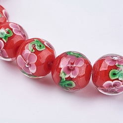 Красный Бусины лэмпворк , круглая с цветком, красные, 14x13~14 мм, отверстие : 2 мм