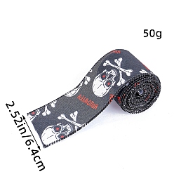 Black 5M Halloween Cotton Skull Printed Ribbon, for Party Gift Decoration, Black, 2-1/2 inch(64mm), about 5.47 Yards(5m)/Roll