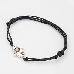 Античное Серебро Регулируемые бусины из тибетского сплава и браслеты из вощеного хлопка, hamsa рука / рука fatima / рука miriam, античное серебро, 42~75 мм