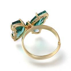 Teal Adjustable Brass Glass Finger Rings, with Clear Cubic Zirconia, Butterfly, Golden, Teal, Size 7, Inner Diameter: 17mm