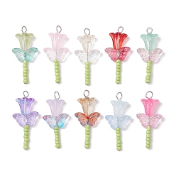 Нержавеющая Сталь Цвет Стеклянные преданты, цветок с бабочкой, с 304 штифтами из нержавеющей стали с плоской головкой и бисером, cmешанных цветов, цвет нержавеющей стали, 33.5x15x6 мм, отверстие : 2.5 мм