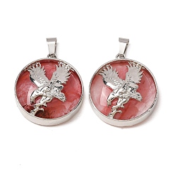 Cherry Quartz Glass Cherry Quartz Glass Pendants, Alloy Flat Round Bezeled Eagle Charms, Platinum, 30x26.5x9mm, Hole: 7.5x4mm