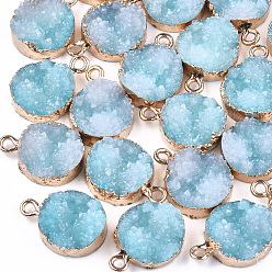Medium Turquoise Electroplate Druzy Resin Pendants, with Iron Findings, Flat Round, Light Gold, Medium Turquoise, 17~18x13.5x6mm, Hole: 1mm