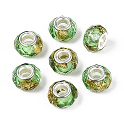 Средний Аквамарин Прозрачные европейские бусины-рондель из смолы, с золотой фольгой и латунными двойными сердечниками серебристого тона, бусины с большим отверстием, средний аквамарин, 13.5~14x8.5~9 мм, отверстие : 4.8~5 мм