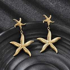 Морская звезда 304 из нержавеющей стали болтаться серьги, ионное покрытие (ip), реальный 18 k позолоченный, морская звезда, 46x28.5 мм