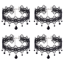 Черный 4 шт. ожерелья-чокеры из кружева с кисточками и цветами из смолы в готическом стиле, чёрные, 11.81~15.75 дюйм (30~40 см)