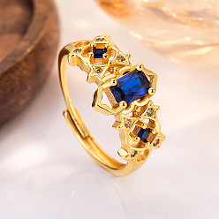 Golden Brass Pave Cubic Zirconia Cuff Open Rings, Rectangle, Golden, Inner Diameter: 19.2mm