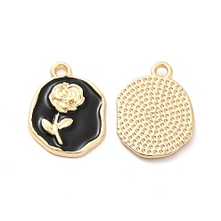 Noir Pendentifs en émail , or, ovale avec breloque rose, noir, 17.5x13.5x2mm, Trou: 1.6mm