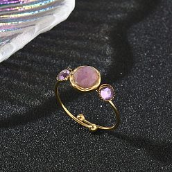 Аметист Регулируемые кольца на палец из натурального аметиста для женщин, со стразами и 304 фурнитурой из нержавеющей стали, золотые, 8.5 мм, внутренний диаметр: 19 мм