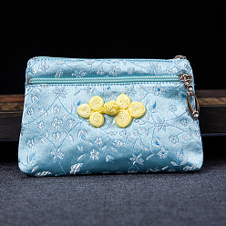 Light Sky Blue Rectangle Chinese Style Silk Zipper Pouches, Change Purses, with Chinese Buckle, for Bracelet, Necklace, Light Sky Blue, 13x9cm