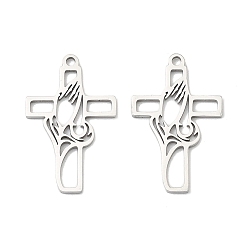 Нержавеющая Сталь Цвет 201 подвески из нержавеющей стали, крест с молящимися руками-оберег, анти-тускнение, цвет нержавеющей стали, 21x13x1 мм, отверстие : 1.2 мм
