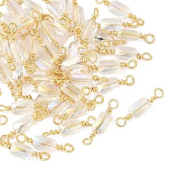 Прозрачный АВ Гальваническое стекло граненый прямоугольник соединительные подвески, с петлями из латунной проволоки, реальный 18 k позолоченный, стойки покрытие, долговечный, ясно AB, 15.5x4x3 мм, отверстие : 1.6~1.8 мм