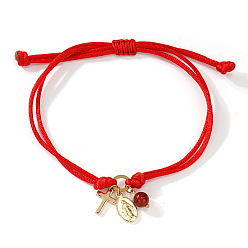 Красный Браслеты ручной работы из регулируемого латунного шнура с подвесками, крест с девственной мари, золотые, красные, 11.02 дюйм (28 см)