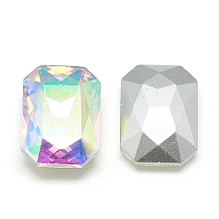 Crystal AB Pointed Back Glass Rhinestone Cabochons, Faceted, Rectangle Octagon, Crystal AB, 14x10x4mm