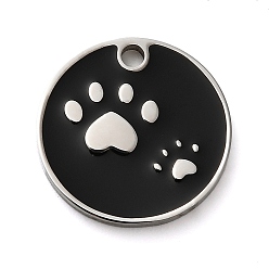 Черный 304 подвески из нержавеющей стали, с эмалью, плоский круглый с подвеской в виде отпечатка лапы, чёрные, 15x1.5 мм, отверстие : 1.6 мм