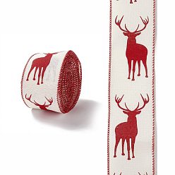 Deer Christmas Theme Polyester Imitation Linen Wrapping Ribbon, for Crafts Decoration, Floral Bows Craft, Red, Deer Pattern, 2-1/2 inch(62mm), about 6.56 Yards(6m)/Roll