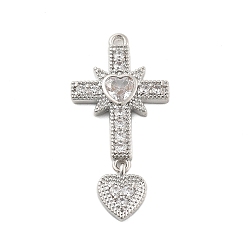 Платина Латунные микропаве прозрачные подвески с фианитом, крестик с сердечками, стойки покрытие, долговечный, без свинца и без кадмия, платина, 29x14x2.5 мм, отверстие : 1.2 мм