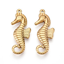 Настоящее золото 18K 304 подвески из нержавеющей стали, ионное покрытие (ip), прелести морских коньков, реальный 18 k позолоченный, 30x12x3.5 мм, отверстие : 0.8~0.9 мм