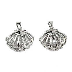 Платина Латунные микропаве прозрачные подвески с фианитом, подвески из искусственного жемчуга и ракушек, стойки покрытие, долговечный, платина, 14.5x15x6 мм, отверстие : 3.5x2 мм